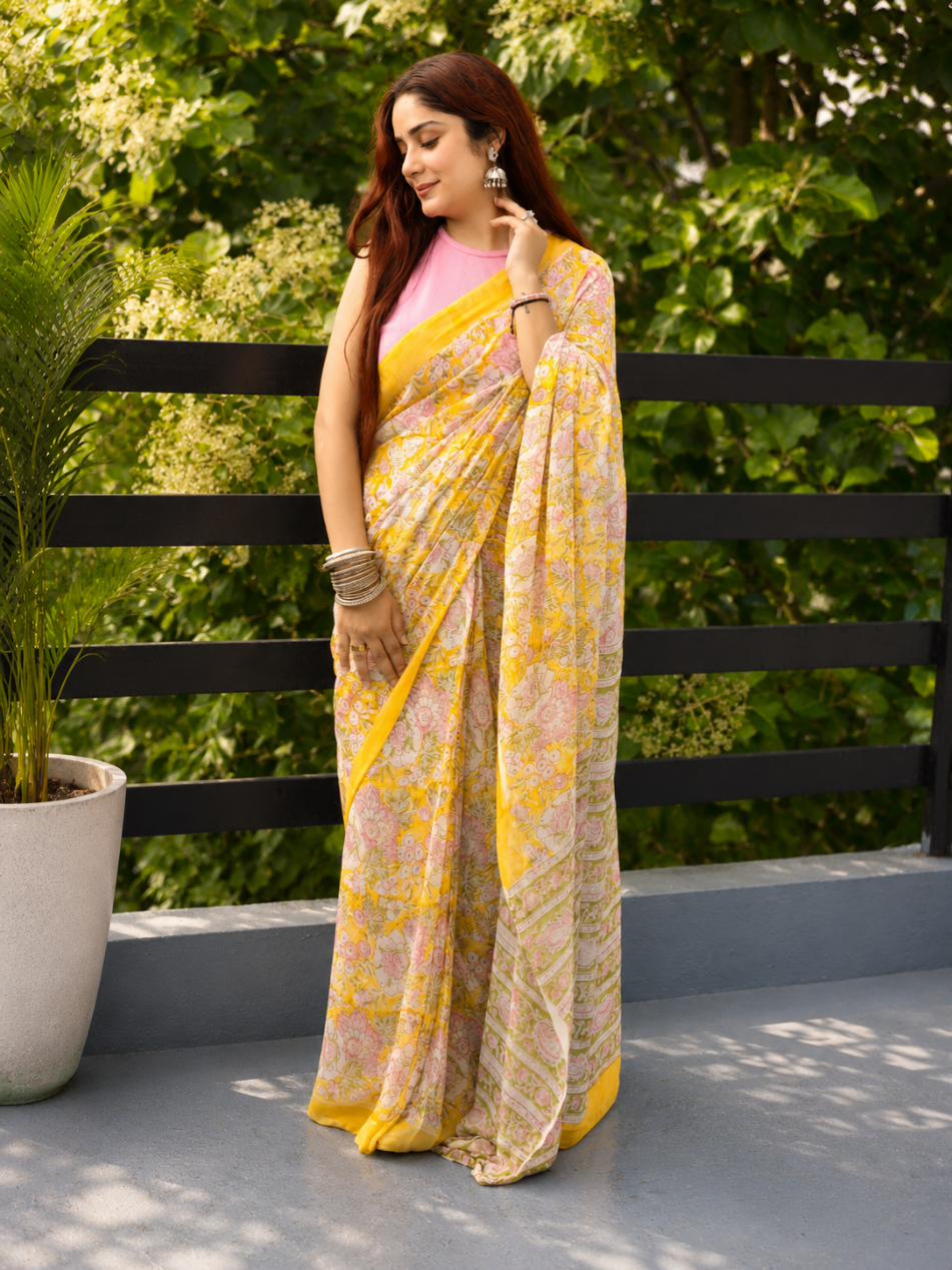 Yellow Georgette Handblock Saree