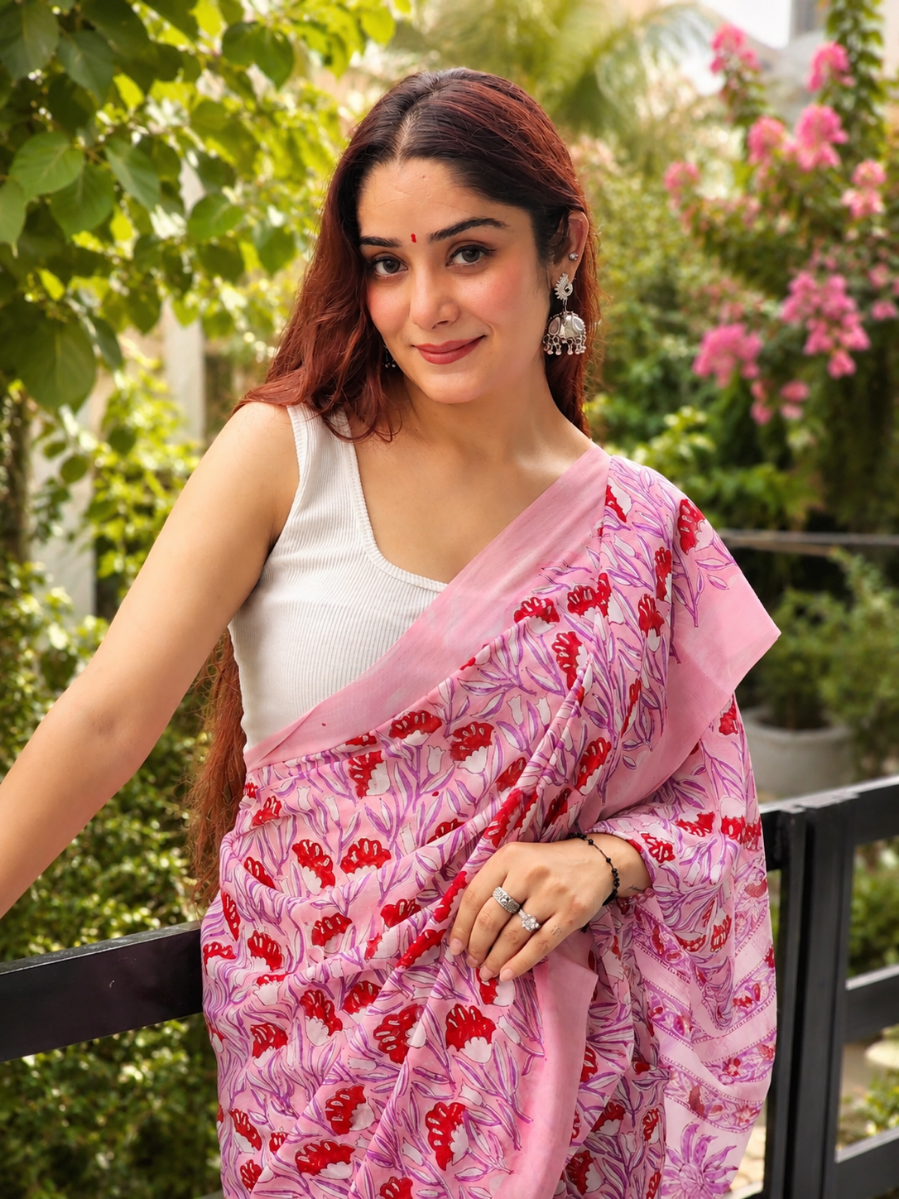 Pink Georgette Handblock Saree
