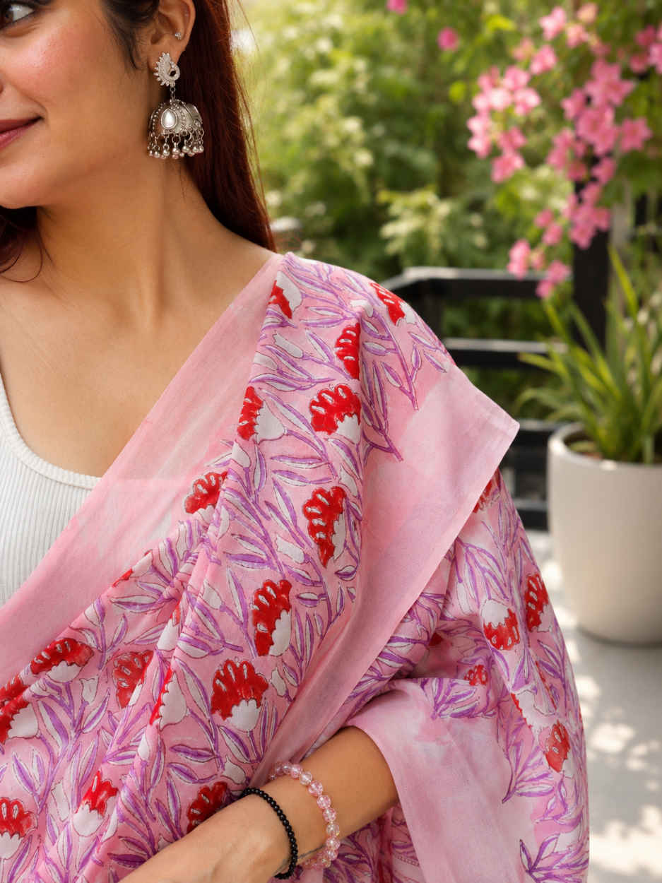 Pink Georgette Handblock Saree