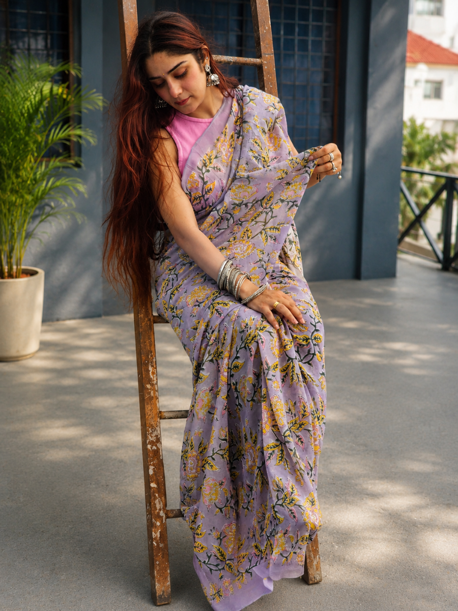 Purple Georgette Handblock Saree