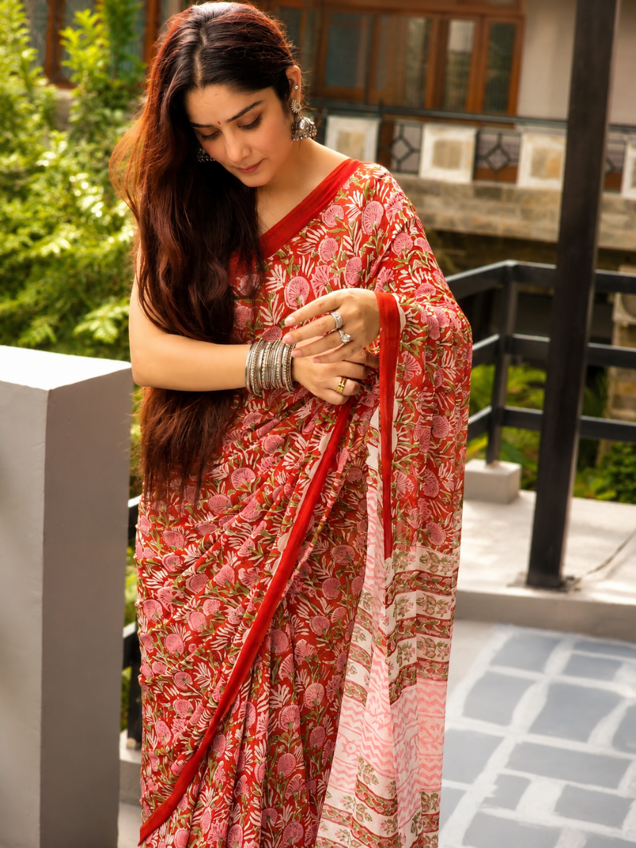 Red Georgette Handblock Saree