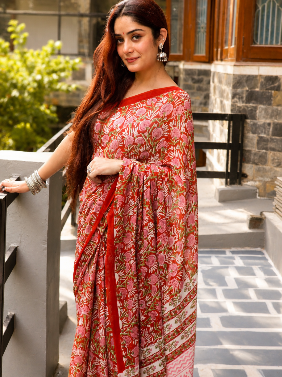 Red Georgette Handblock Saree