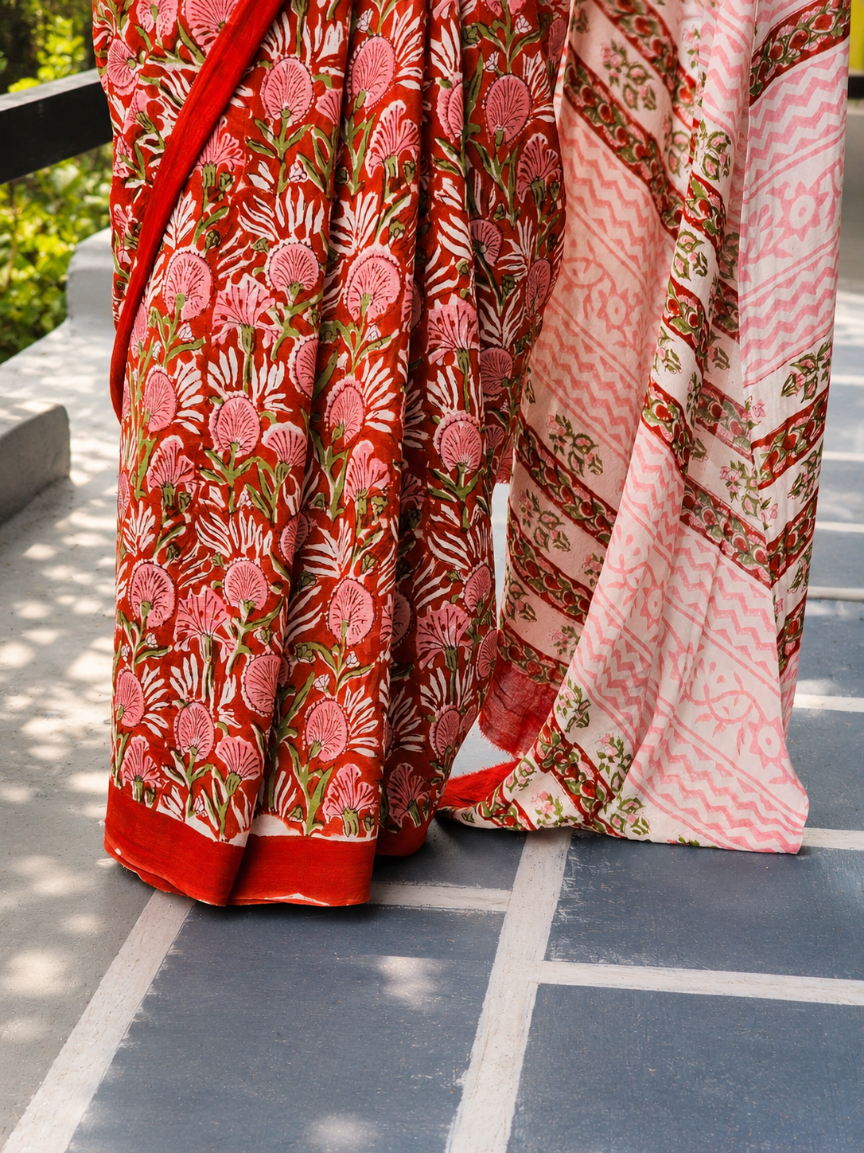 Red Georgette Handblock Saree